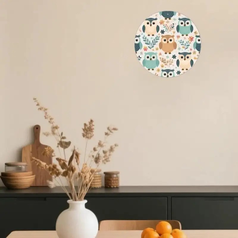 Cute Owl Round Aluminum Oil Painting Home Seasonal Decoration