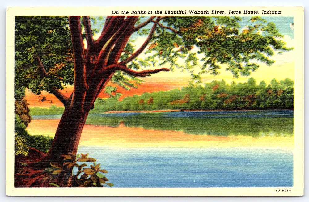 Vintage Postcard Banks Of The Wabash River Water Sun Terre Haute Indiana Usa