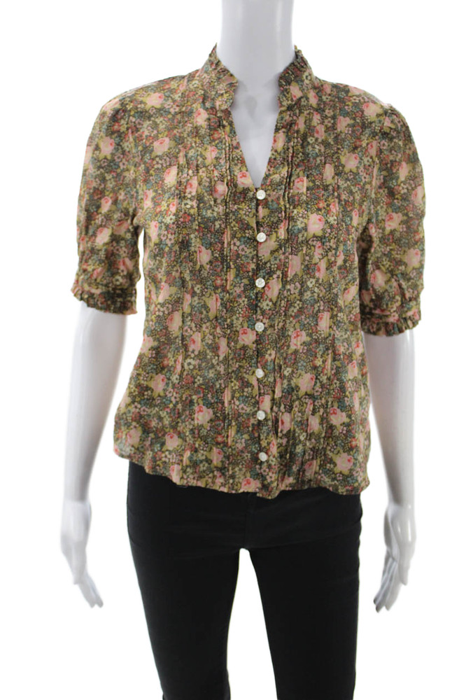 Trovata Womens Green Floral High Neck Button Up Blouse Short Sleeve Size XSFree Shipping in US $100+ Orders | $6.95 Orders Below