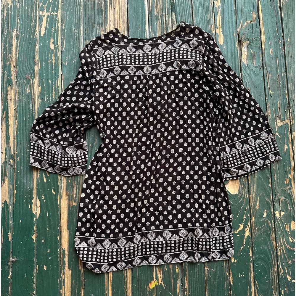 Angie Black White Boho Geometric Print 3/4 Bell Sleeve Tunic Top Plus Size 3X