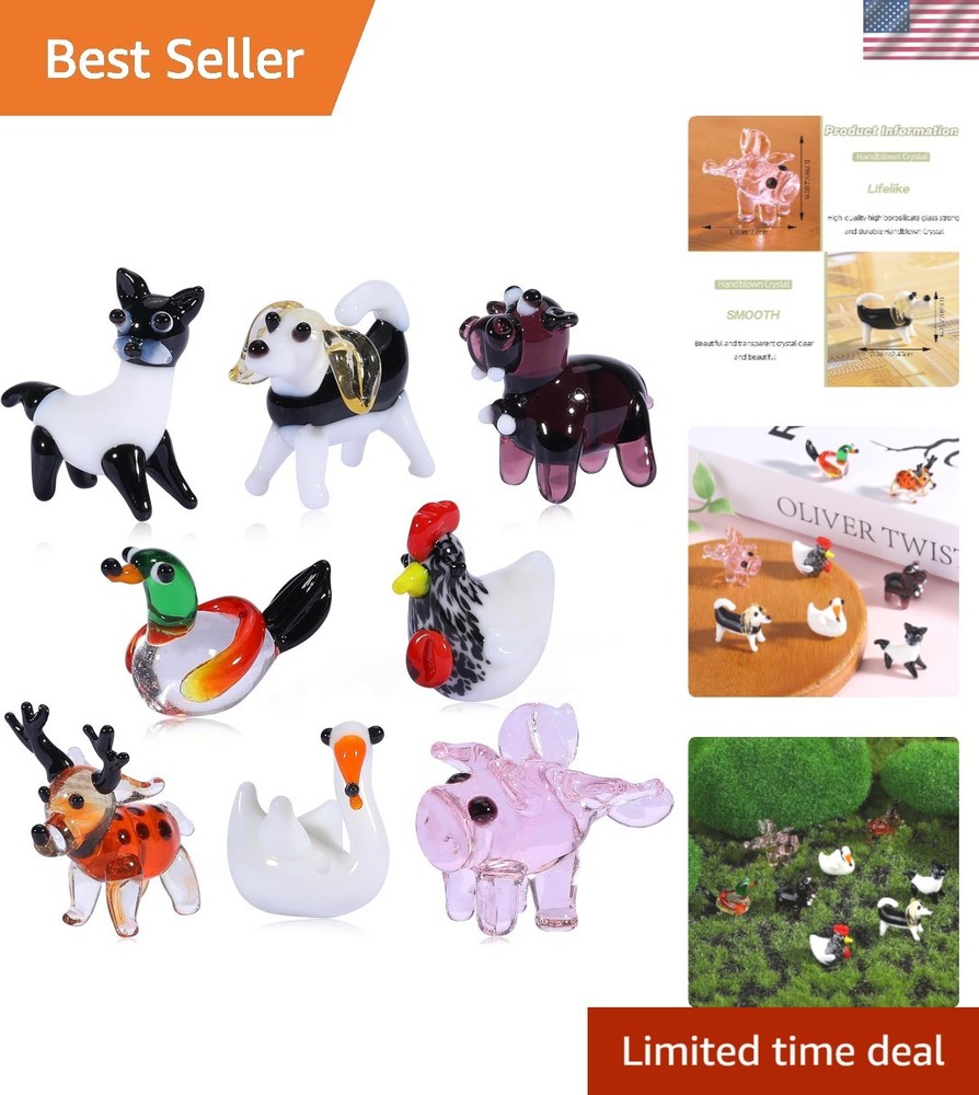 8 Piece Hand Blown Glass Figurines Glass Miniatures Includes Dog, Rooster, De...