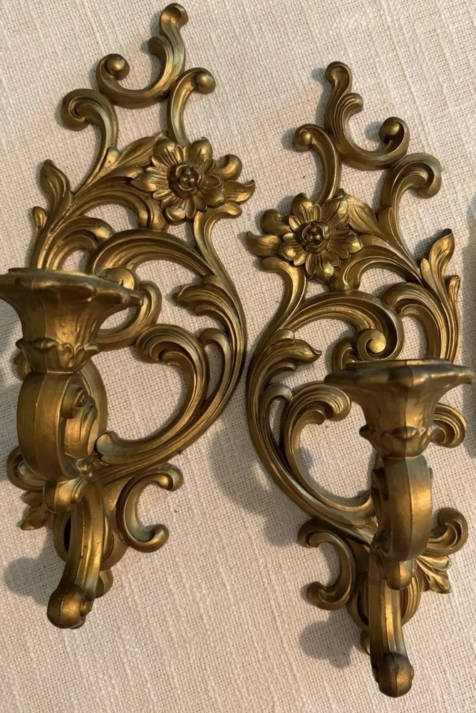 Vintage Homco Ornate Gold-toned Resin  Plastic Wall Sconce Candle Holders Pair