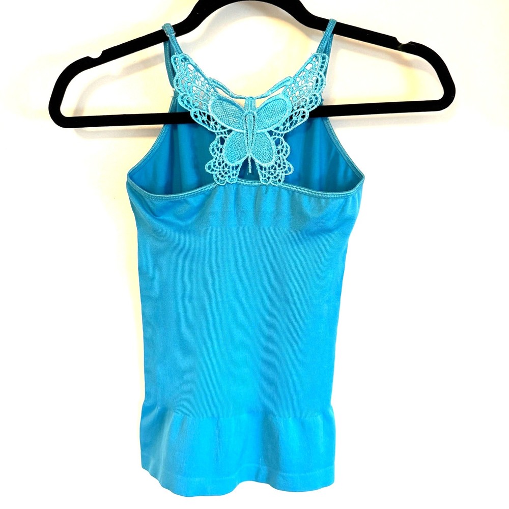 Y2K Bebe Lace Butterfly Blue Ribbed Racerback Cami Tank Top Size XS Extra Small