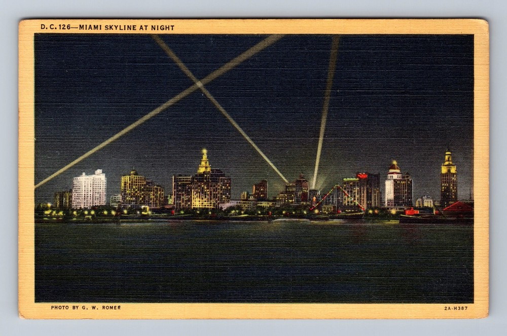 Miami FL-Florida Skyline At Night Vintage Postcard