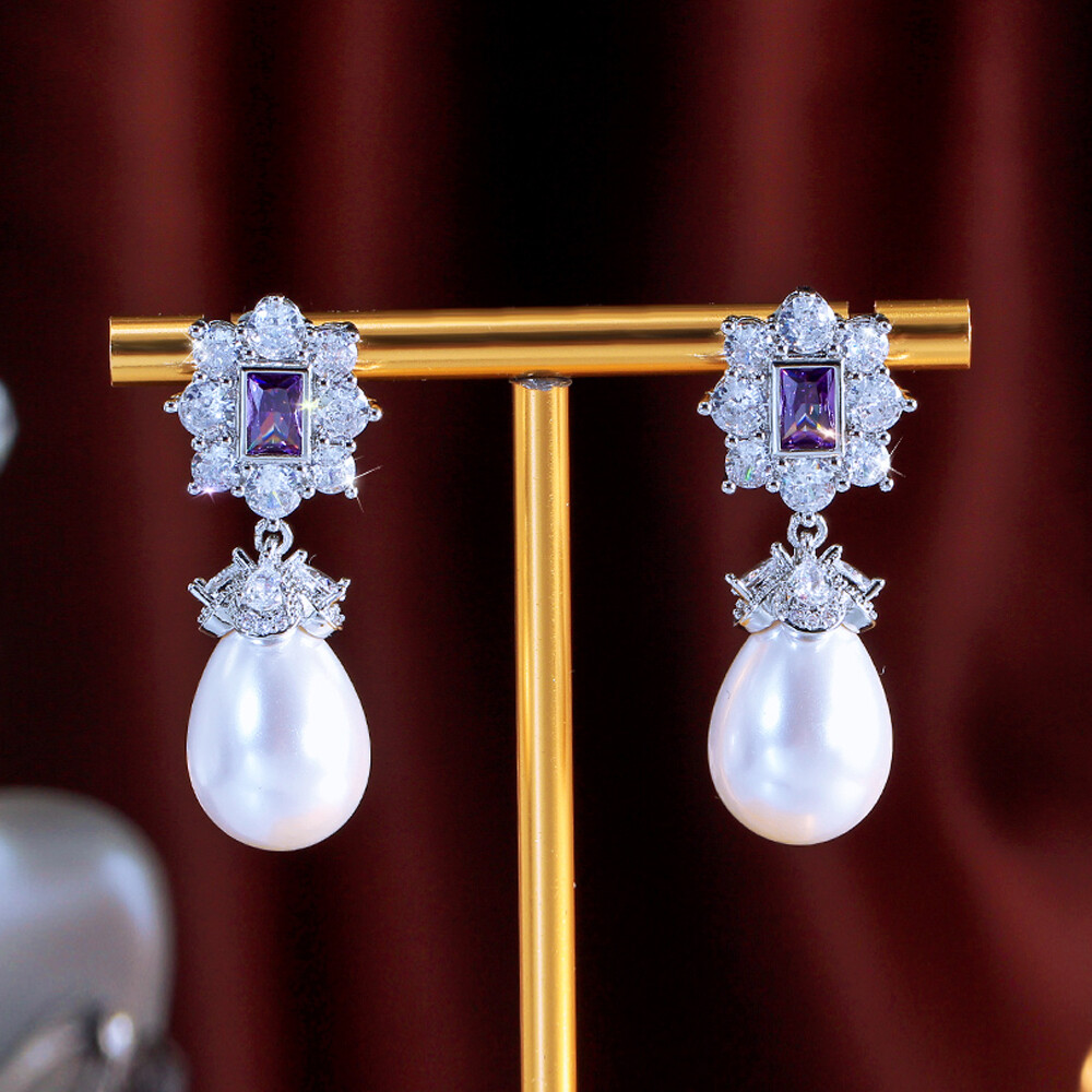 Classy Silver Plated CZ Women Flower Purple Baguette Pearl Dangle Drop Earrings