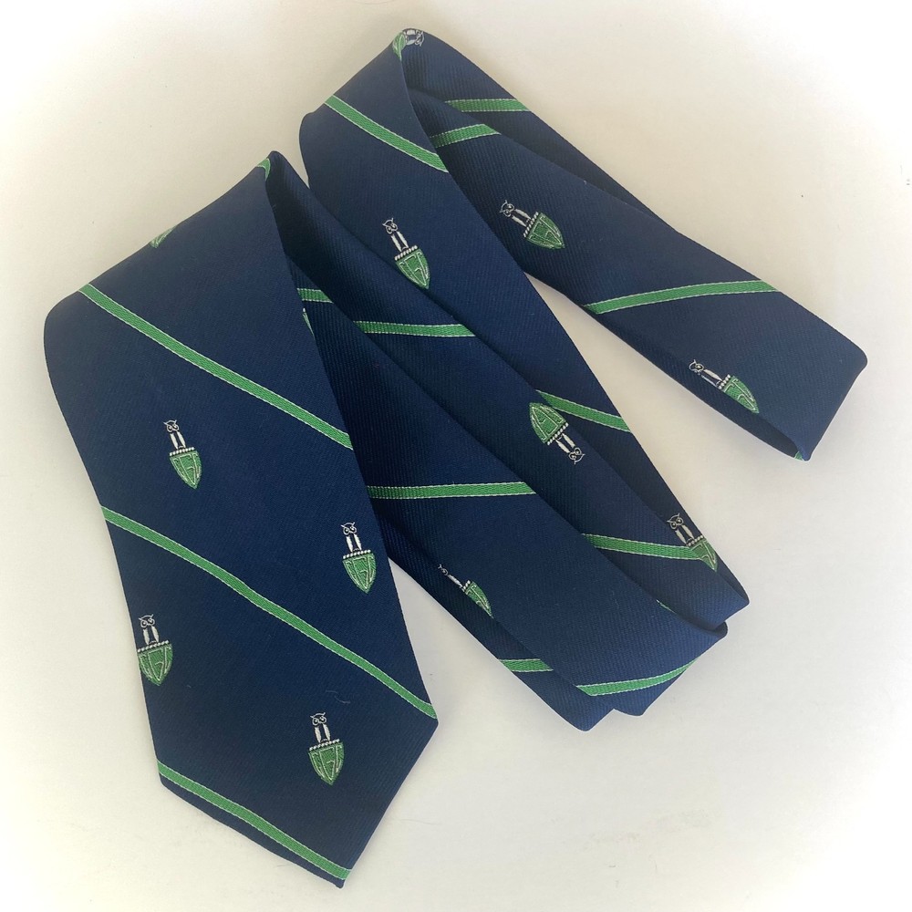 WM Chelsea LTD Vintage Necktie Blue Green Owl Heraldic Shield 55 in long