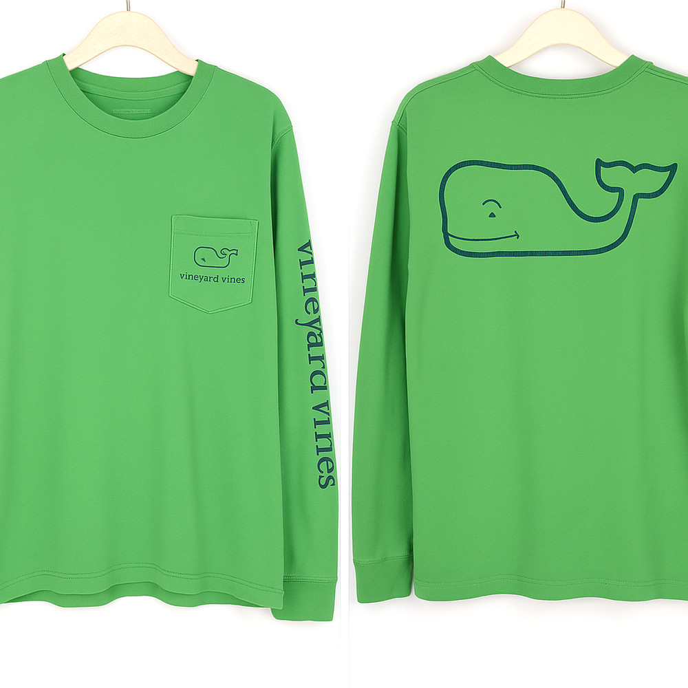 VTG Vineyard Vines Mens Long Sleeve Green Blue Whale Graphic Cotton Tee Prep Y2K