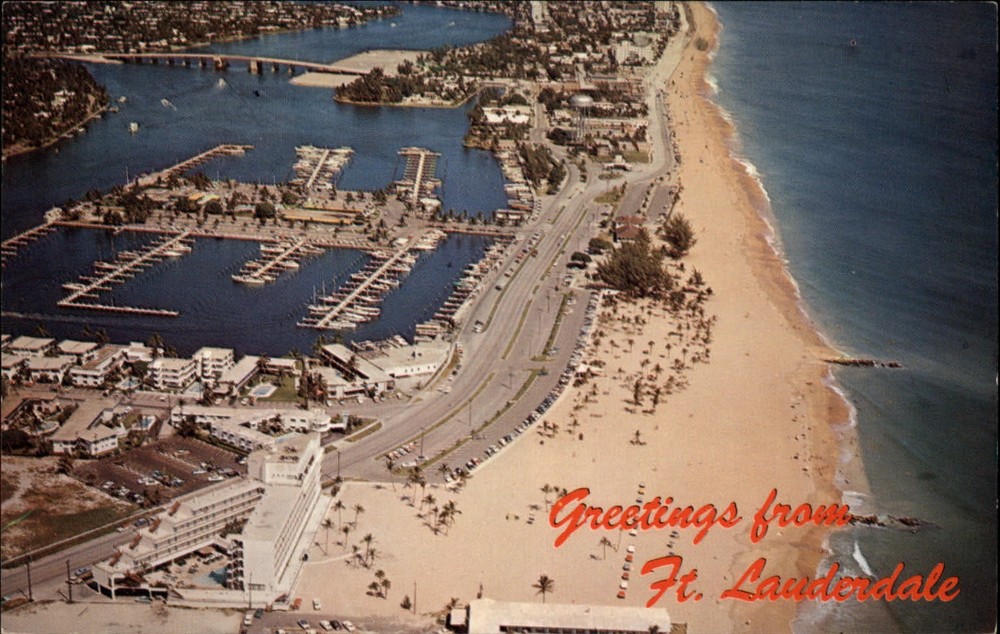 Greetings from Ft Lauderdale Florida aerial view ~ 1950s-60s vintage postcard