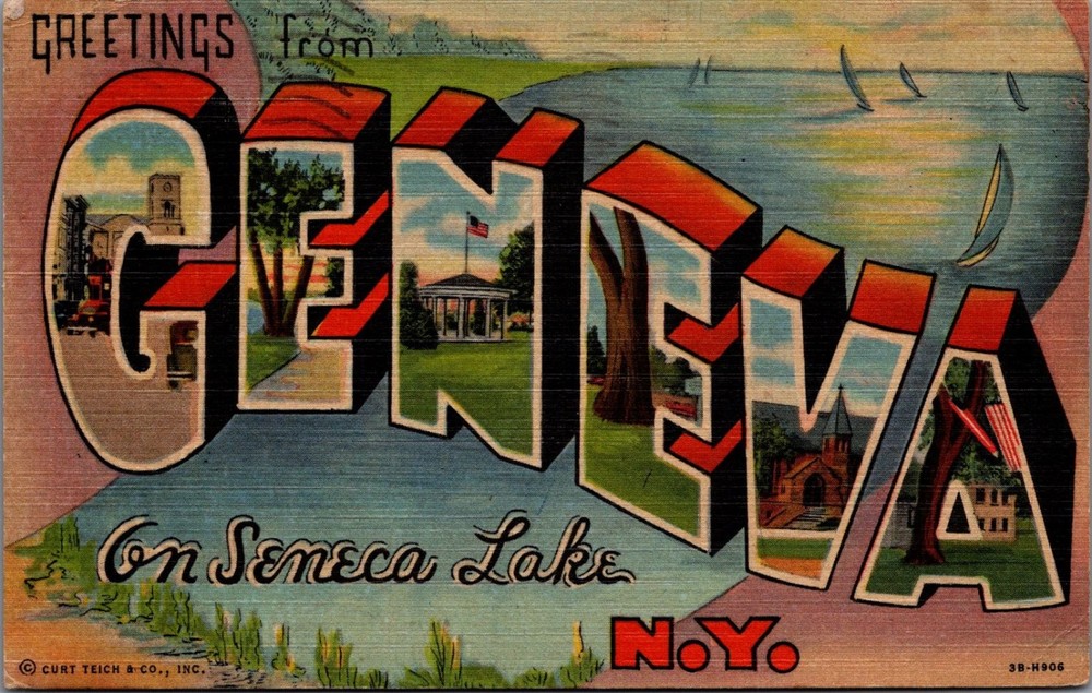 Greetings from Geneva NY Seneca Lake Vintage Large Letter Linen Postcard 1952