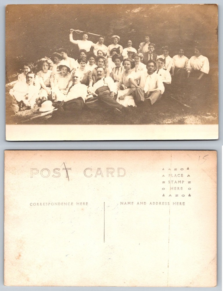 Vintage Real Photo Postcard Large Group Portrait Men Women Baseball Bat RPPC
