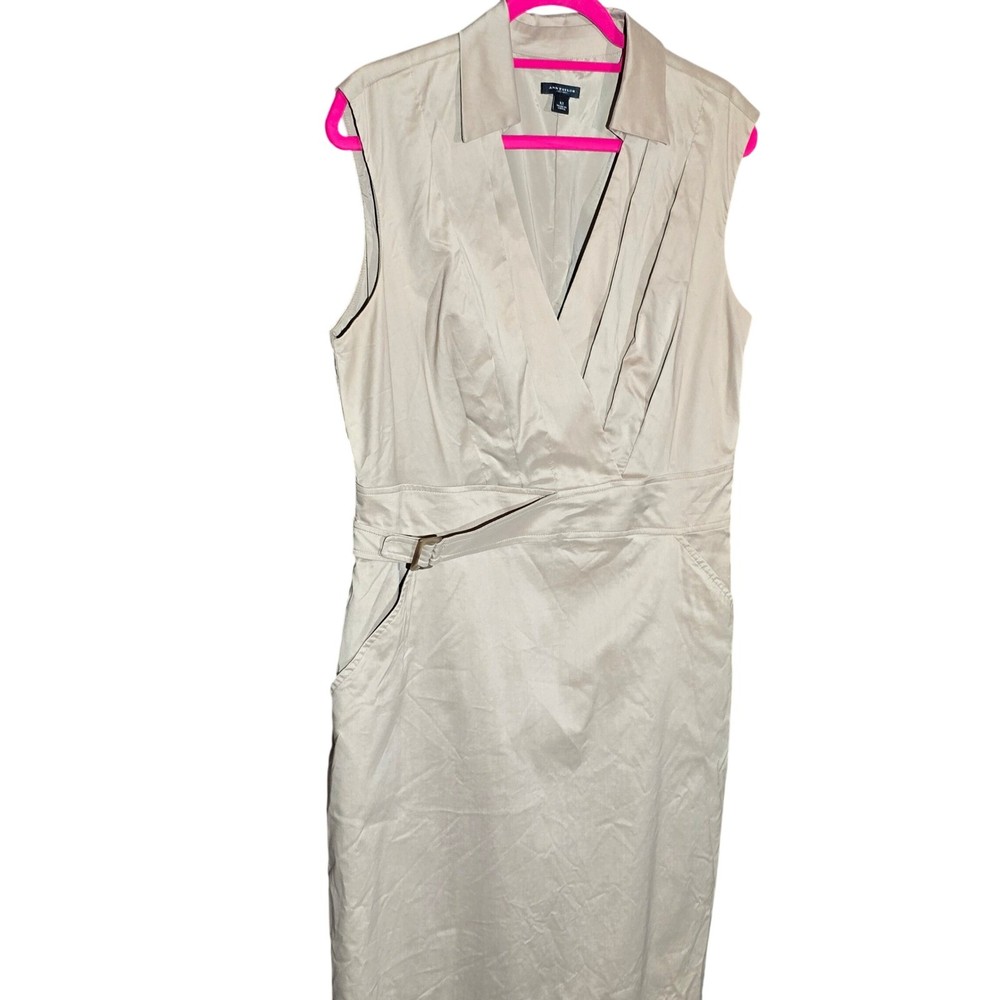 Ann Taylor Sheath Dress Sz 12 Tan Khaki Sleeveless Pleated Neck Career Business