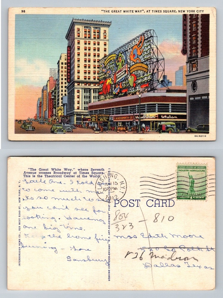 New York City NY, Great White Way Times Square Signs Vintage c1942 Postcard