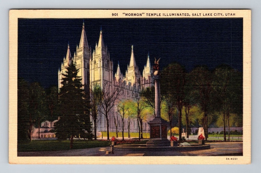 Salt Lake City UT-Utah, Mormon Temple Illuminated at Night, Vintage Postcard