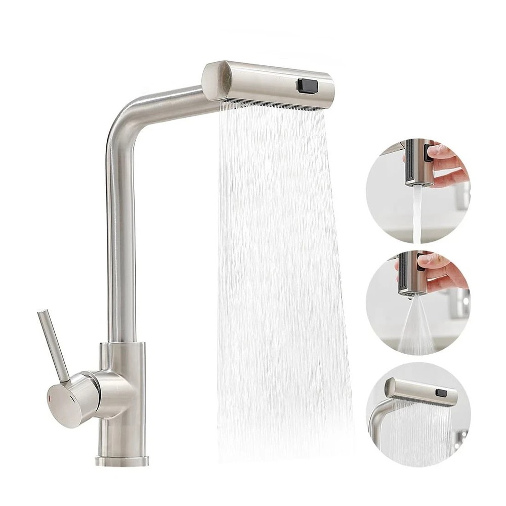 Kitchen Sink Faucet Waterfall Single Handle Swivel Mixer Stainless Steel Silver