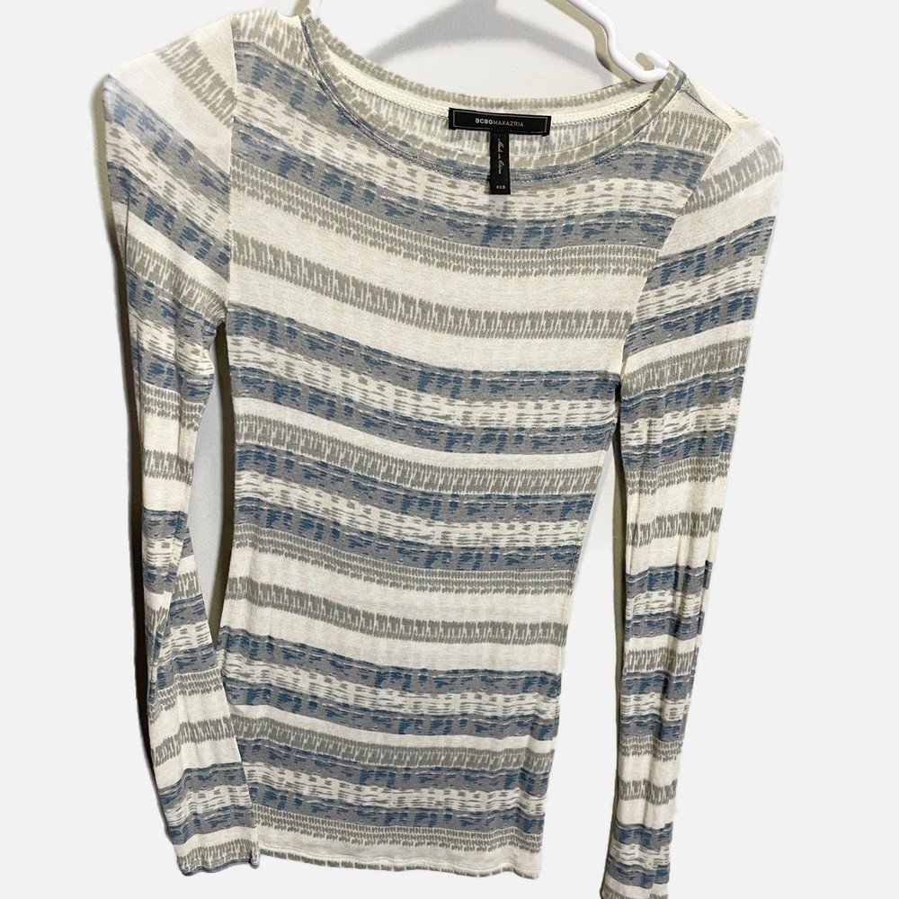 BCBGMAXAZRIA Womens XXS Long Sleeve Striped Knit Top Blue Grey Cream Scoop Neck