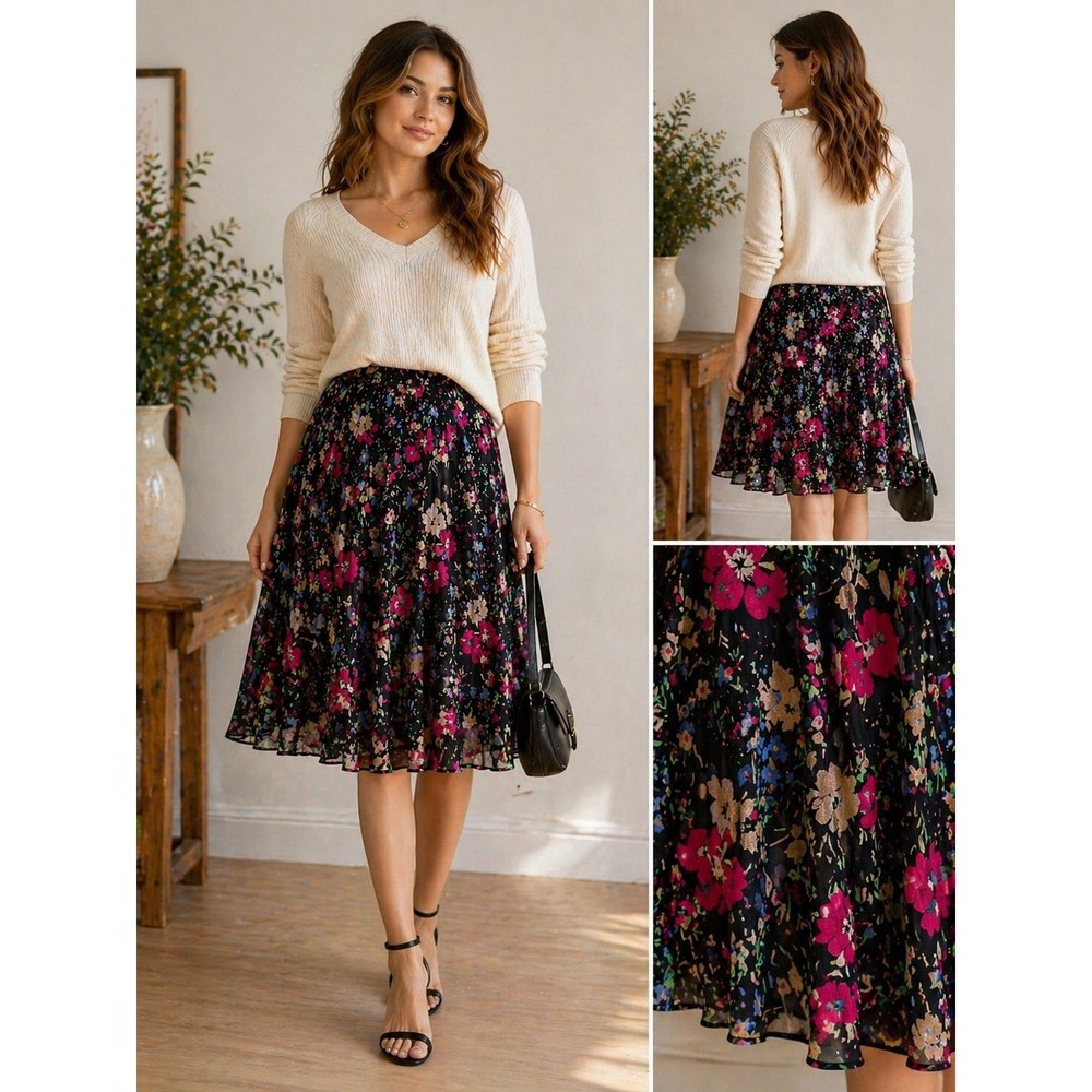 Lauren Ralph Lauren Floral Chiffon Midi Skirt Black Pink Multi Plus Size 20W