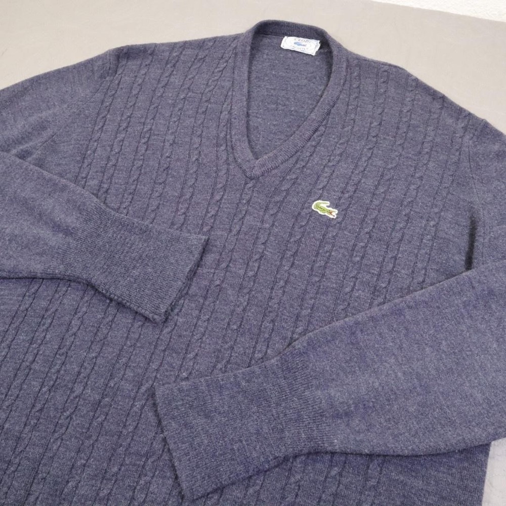 Vintage Izod Lacoste Sweater Mens XL Blue Cable Knit V Neck Pullover Preppy 80s