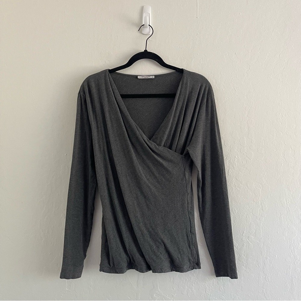 MM Lafleur Gray Wrap Top Long Sleeve Blouse Minimalist Neutral Womens Size Large