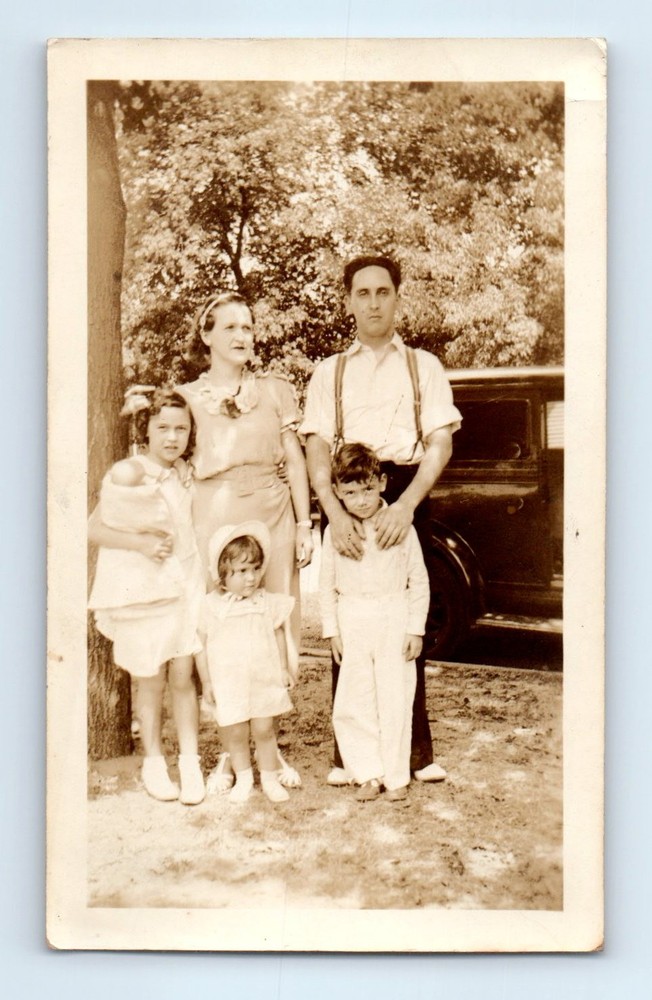 Old Vintage Photo MAN WOMAN BOY GIRLS BABY DOLL AND CLASSIC CAR SNAPSHOT