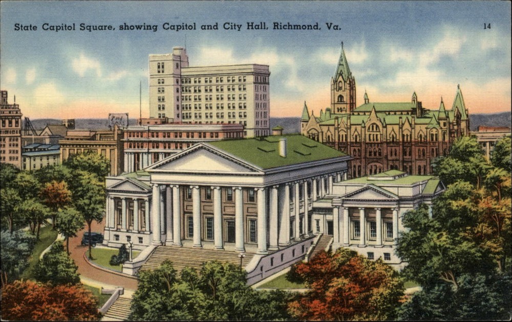 Richmond Virginia State Capitol building City Hall aerial linen vintage postcard