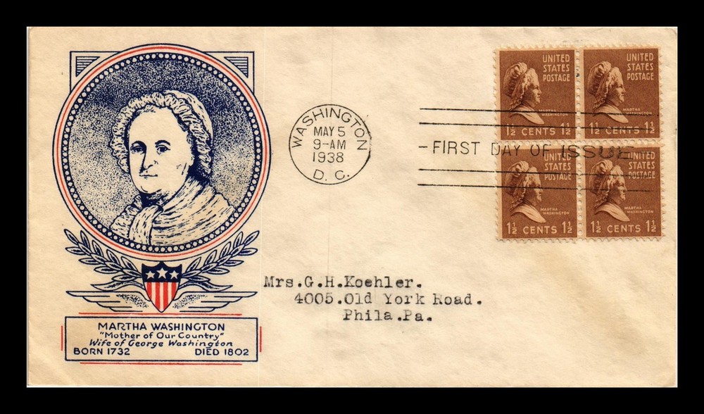 Dr Jim Stamps Us Cover Martha Washington Presidential Series Fdc Scott 805 Block