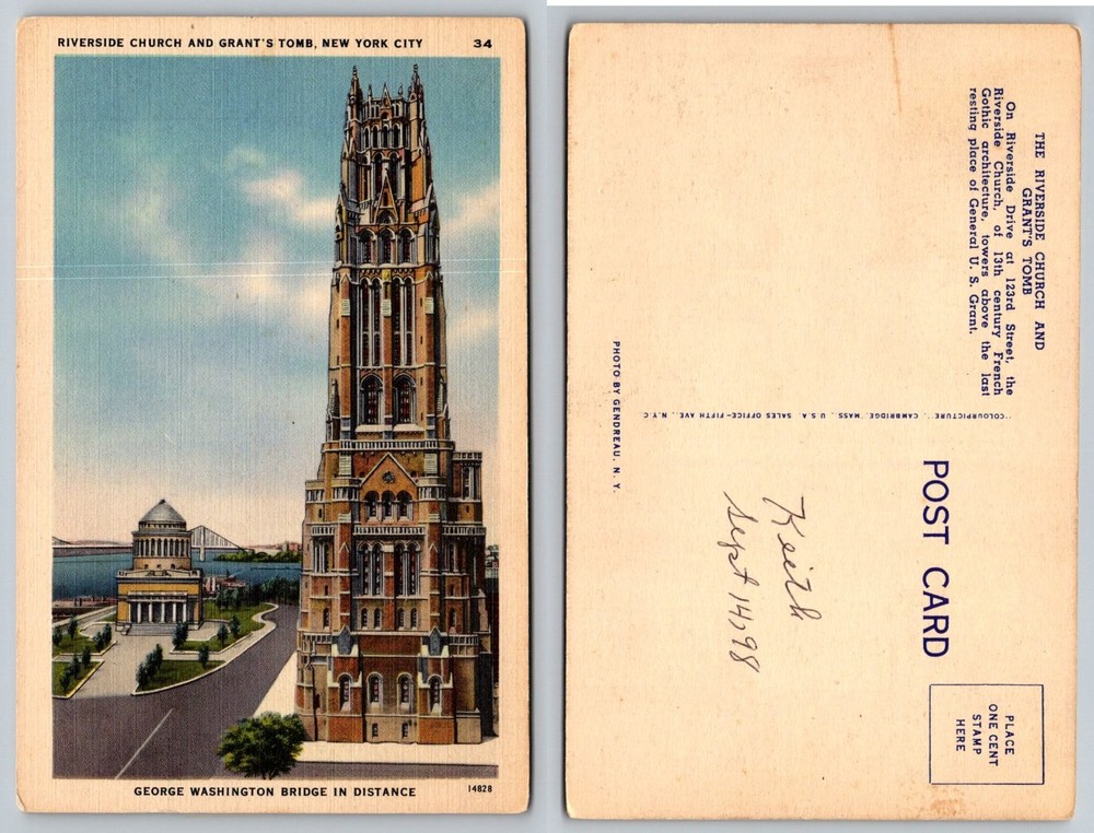 Riverside Church & Grant's Tomb NYC Linen Postcard George Washington Bridge