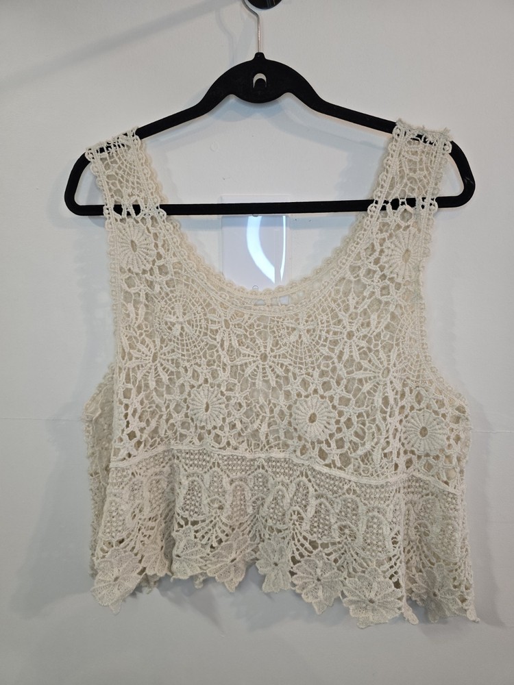 Cream Crochet Lace Tank Boho Cottagecore Festival Coastal Top XL