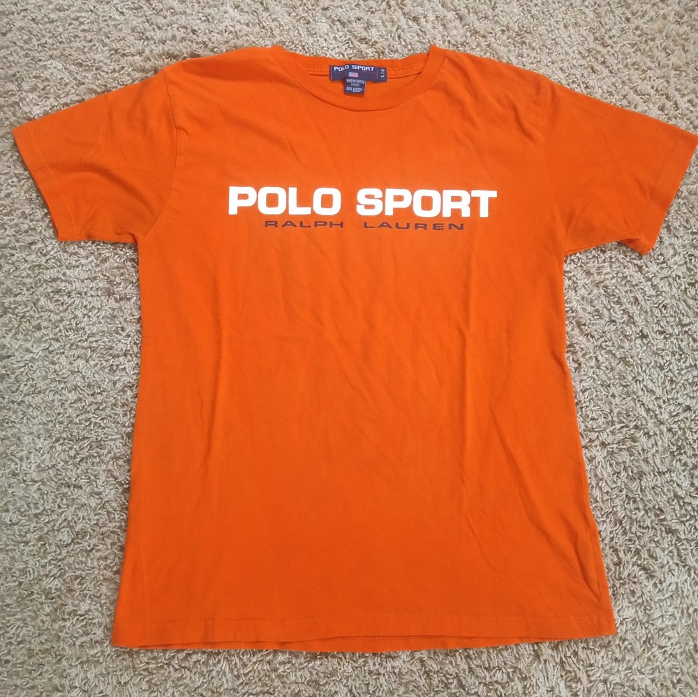 Vintage Polo Sport T-shirt Women's Ralph Lauren Large Orange Spellout Logo Y2K
