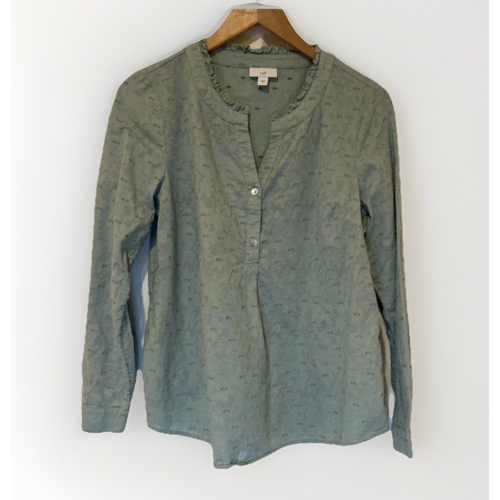 J. Jill Sage Green Textured Jacquard Ruffle Neck Tunic Top Small Boho Prairie