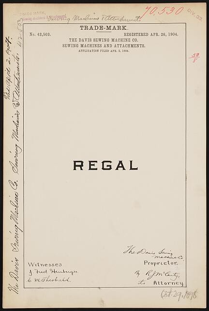 [ The Davis Sewing Machine Co. for Regal brand Sewing Machines and Attachments]
