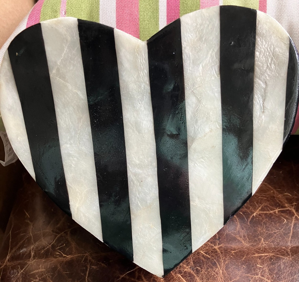 Mackenzie-Child's ,Heart Shaped, Black And White Striped Capiz Shell Box,New