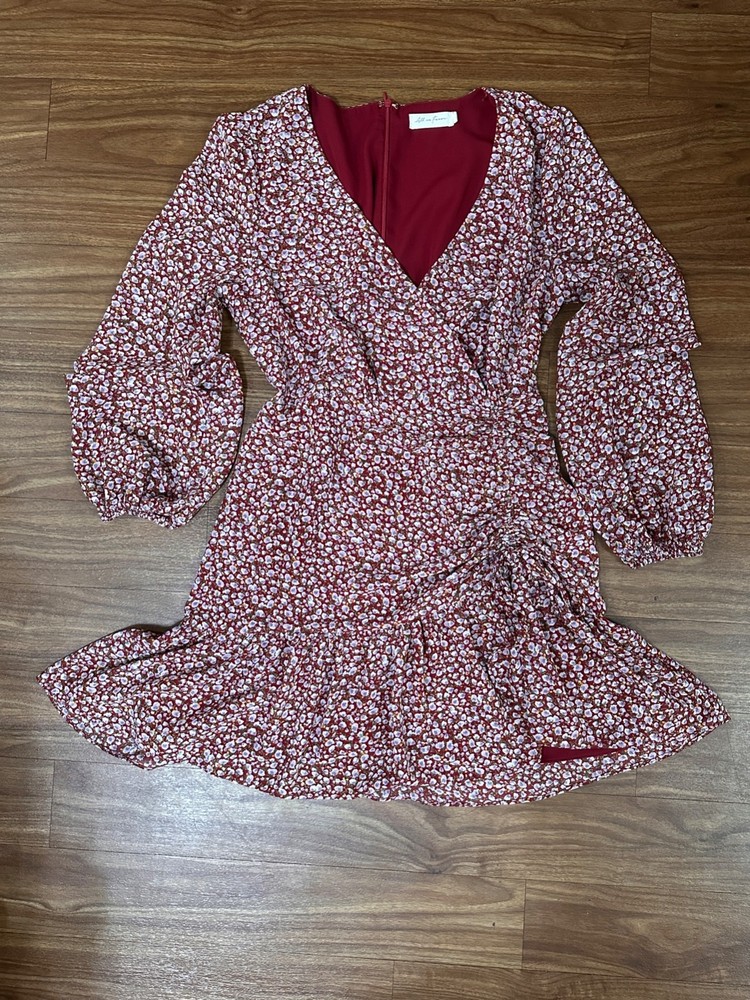 All in Favor Women Burgundy Floral Long sleeve Wrap Mini Dress M