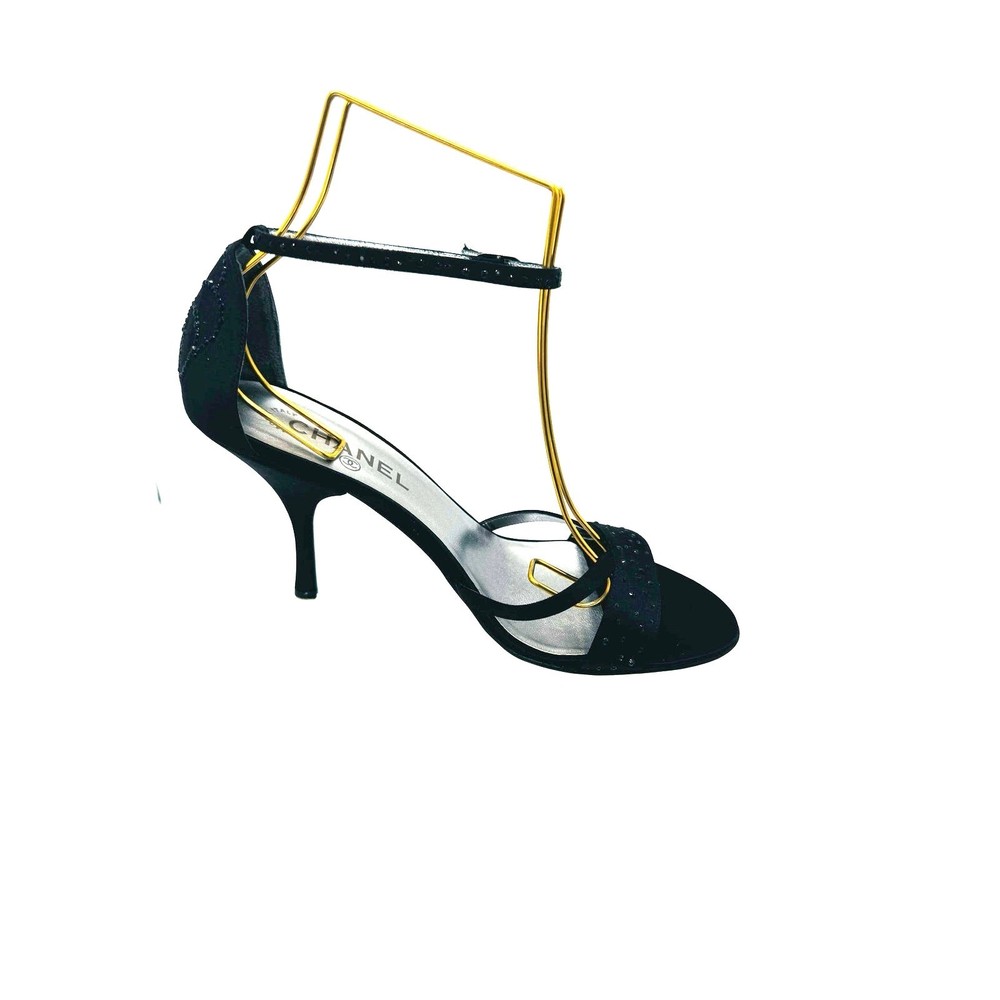 Chanel Black Satin Strappy Sandals with Embellishments Size 39.5