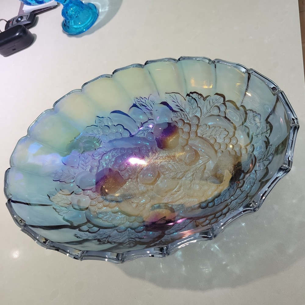 Vtg Indiana Carnival Glass Footed Oval Fruit Bowl Harvest Grape Blue Iridescent