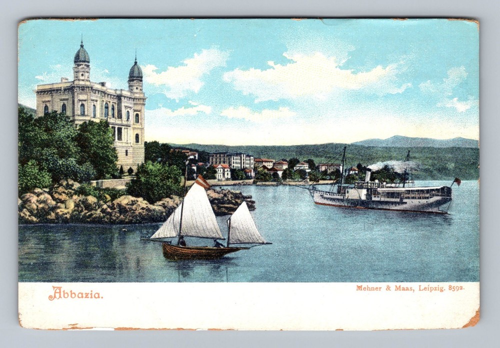 Croatia- Abbazia Kvarner Gulf Hotel & Steamer Postal Old View Vintage Postcard