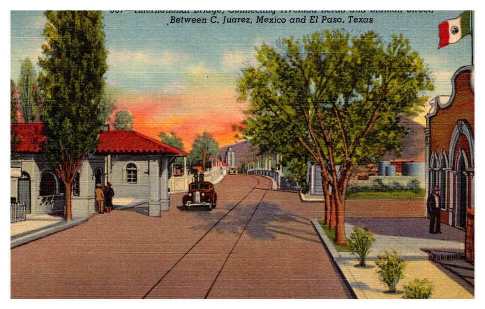 El Paso TX Texas International Bridge El Paso & Juarez Mexico Linen Postcard