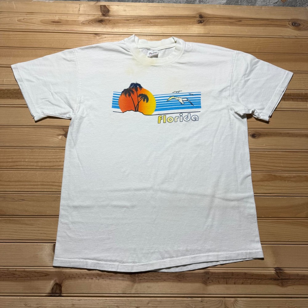 Vintage 80s Florida Sunset Seagull Beach Tropical Souvenir T-Shirt USA - Large