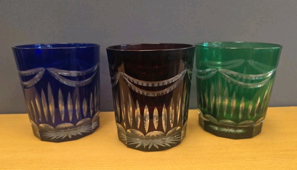 Set Of 3 Bohemian Crystal Cut to Clear Tumbler Old Fashioned Whisky Juice Glass
