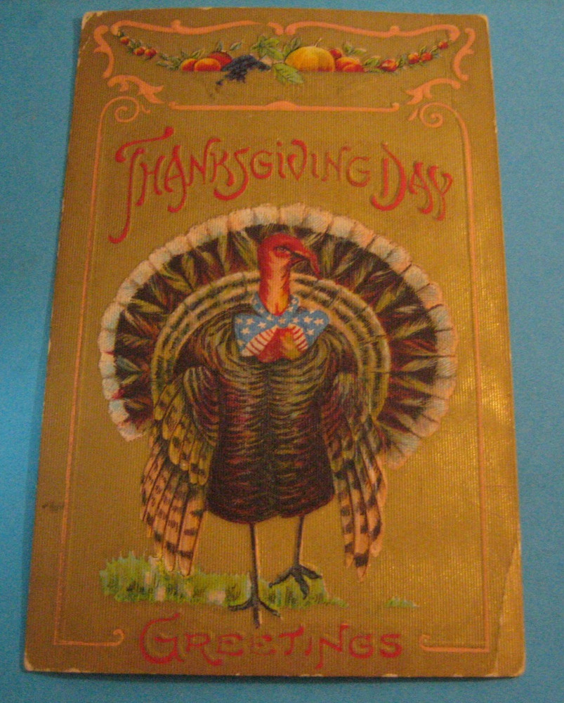 Antique Patriotic Thanksgiving Day Greetings Postcard Turkey Flag Bowtie