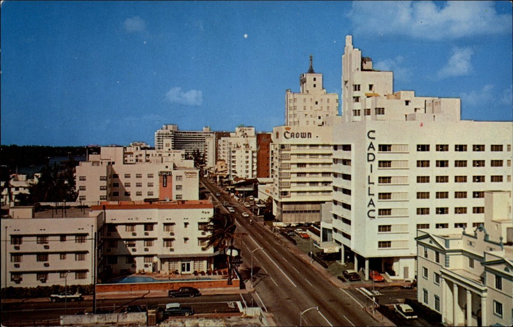 Florida Miami Beach Collins Avenue looking north aerial view ~ 1950-60s postcard