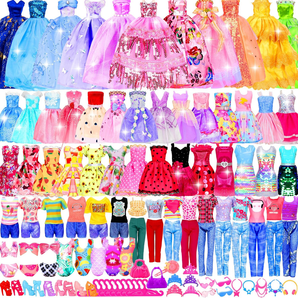 195 PCS Barbi Clothes Doll Fashion Wear Clothing Outfits Dress up Gown Shoes Lot