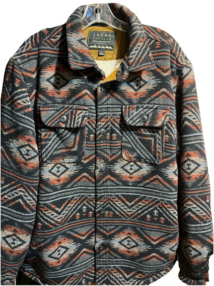 Jachs New York Men Aztec Sherpa Lined Flannel Shirt Jacket Shacket L Torn Pocket