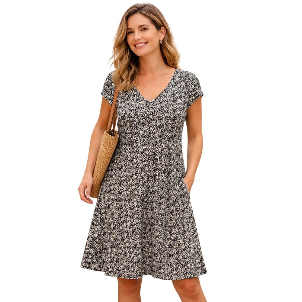 Toad&Co Women’s XL Black Floral Daisy V-Neck Dress Organic Cotton Tencel