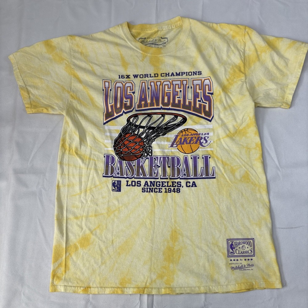 LA LAKERS T Shirt Men's Large Yellow Tie Dye Short Sleeve Mitchell & Ness