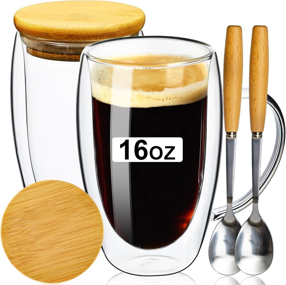 Double Wall Glass Coffee Mugs 16OZ with Bamboo Lid/Spoon, Glass Coffee Cups Set