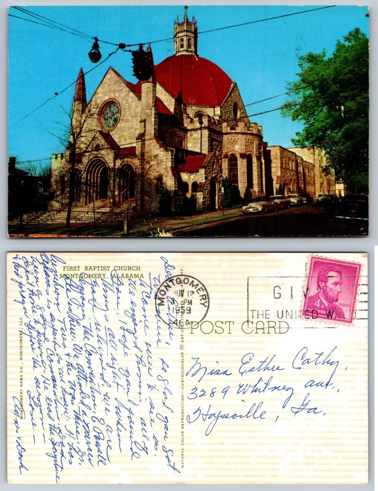 1959 First Baptist Church Montgomery, Alabama Curteichcolor Postcard Posted