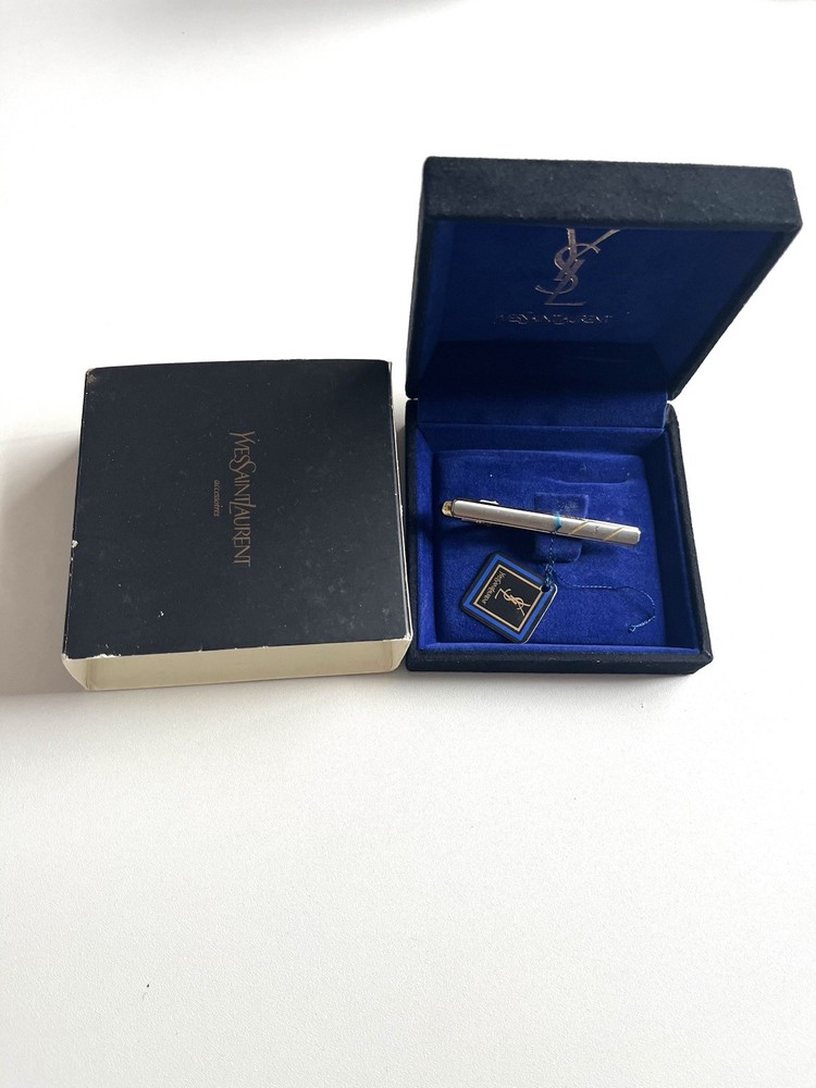 Yves Saint Laurent YSL Tie Clip Silver Gold Tone Men’s Vintage Tie with box