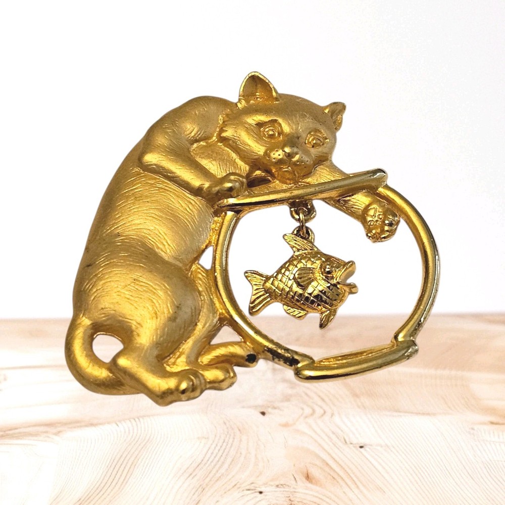 Cat Fishbowl Brooch Pin Signed Gold Tone Figural Vintage JJ Jonette
