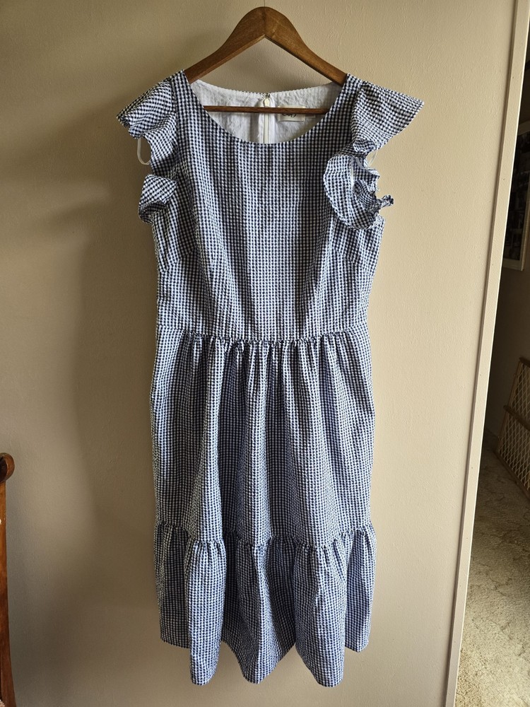 Women's Eliza J. Navy Blue Gingham Midi Dress Size 14 Pockets Short Sleeve