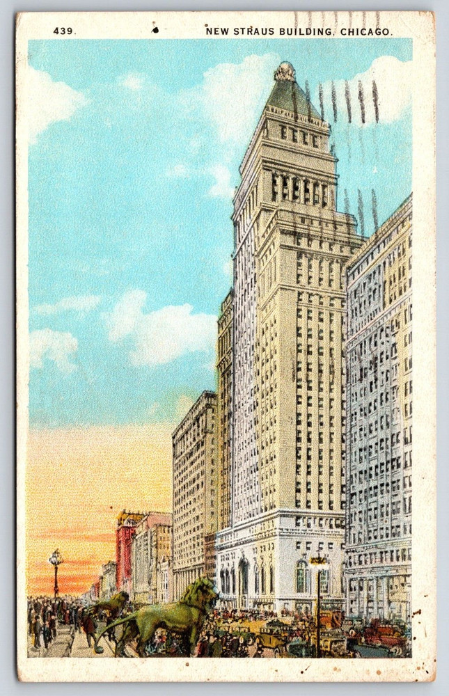 Vintage Old Antique Postcard Straus Building Lion Statue Road Sunset Chicago Usa